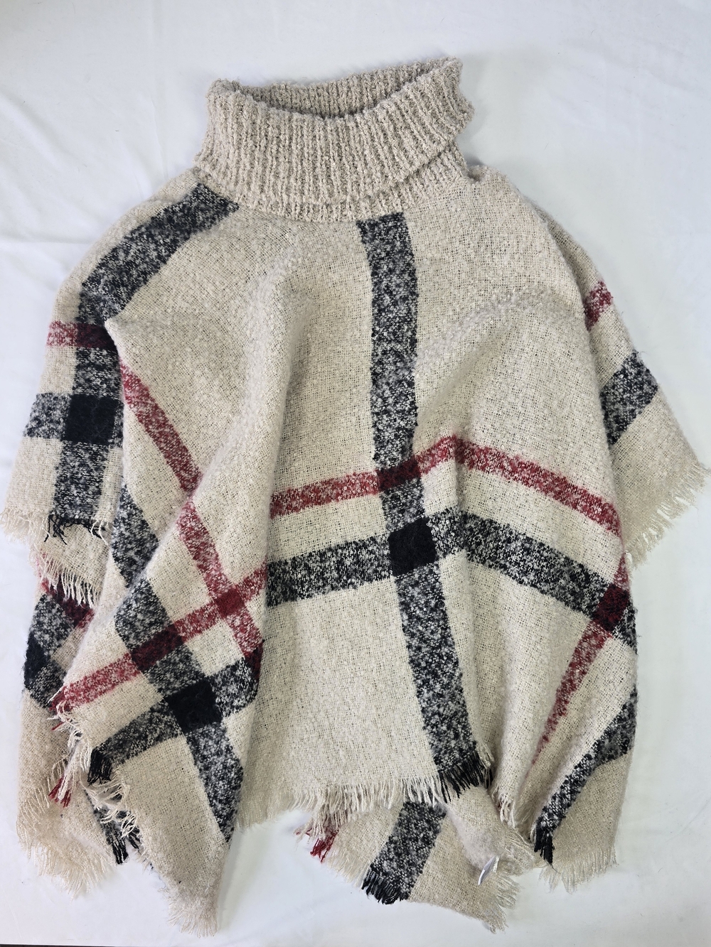 Turtleneck Plaid Poncho Sweater in Cream